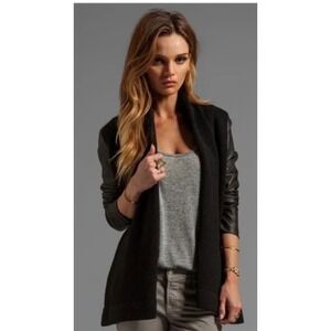 Vince Black Yak Wool Cardigan Lamb Leather Sleeves Shawl Collar